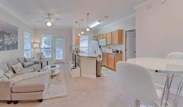 Sofa kitchen dining area and table living room at Heritage Oaks Luxury Apartments in Gainesville Student Accommodation
