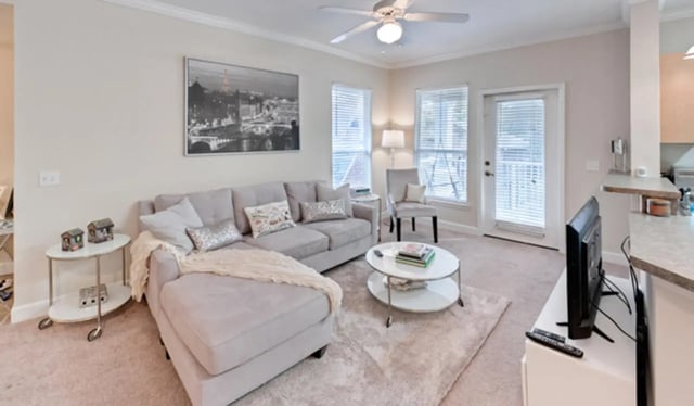 Sofa coffee table and TV living room at Heritage Oaks Luxury Apartments in Gainesville Student Accommodation