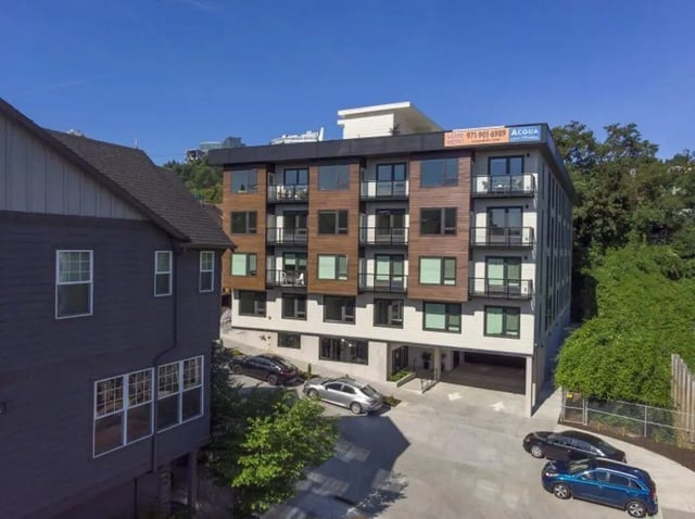 Modern apartments with balconies and parking exterior at Goose Hollow Tower and Goose Hollow Plaza in Portland Student Accommodation