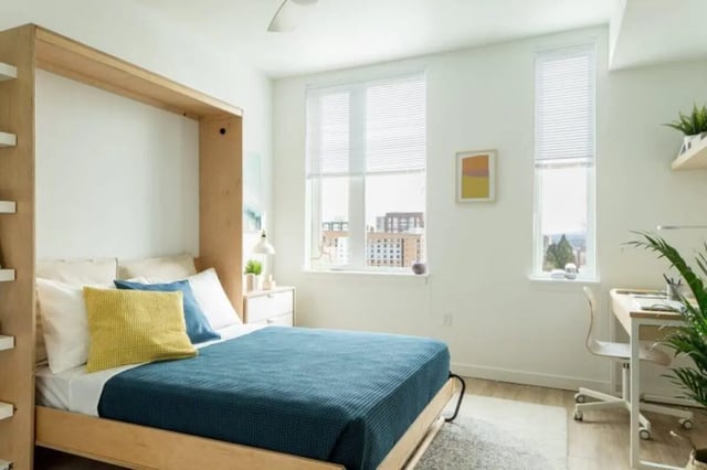 Bed desk and window study area at Goose Hollow Tower and Goose Hollow Plaza in Portland Student Accommodation