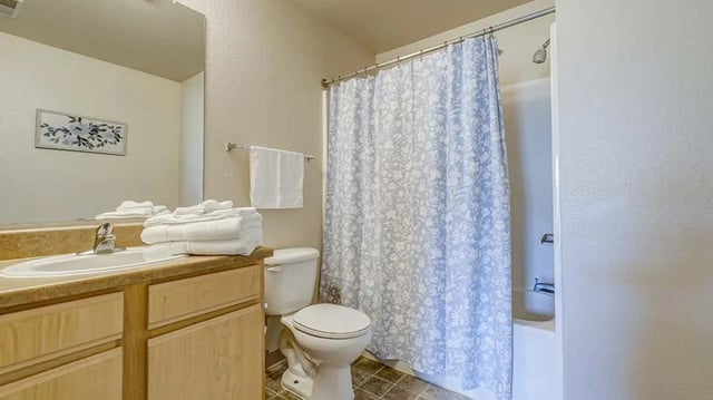 Sink toilet shower with blue floral curtain bathroom at Village at Bluegrass in Mount Pleasant Student Accommodation