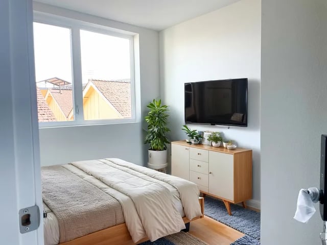 Bed TV dresser and plants bedroom interior at Husky Urban Living in Seattle Student Accommodation