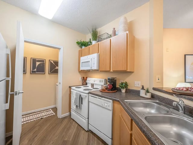 Kitchen with appliances cabinets and double sink Kitchen at University Commons