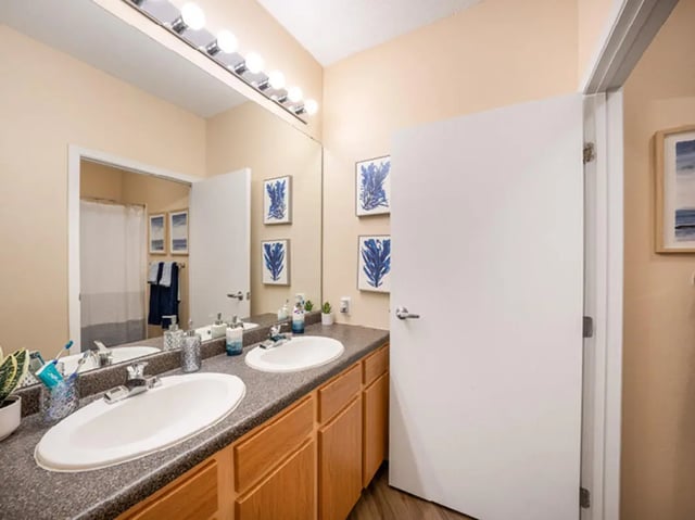 Double sink vanity mirror and artworks bathroom at University Commons