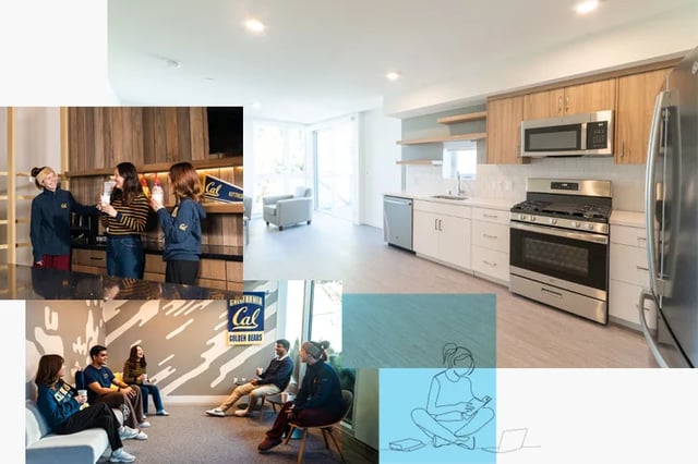 Students in common area and kitchen living room at The Kittredge in Berkeley Student Accommodation