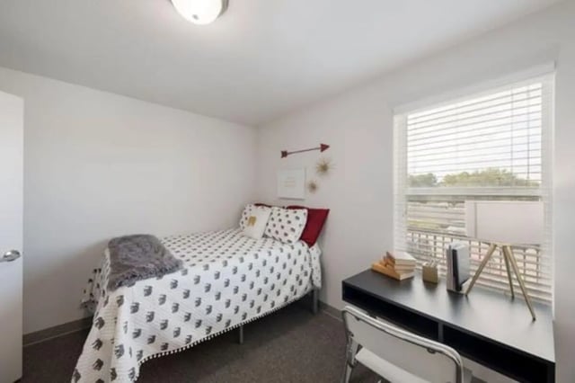 Bed with patterned bedding desk with lamp books bedroom at Watercress Tuscaloosa in Tuscaloosa Student Accommodation