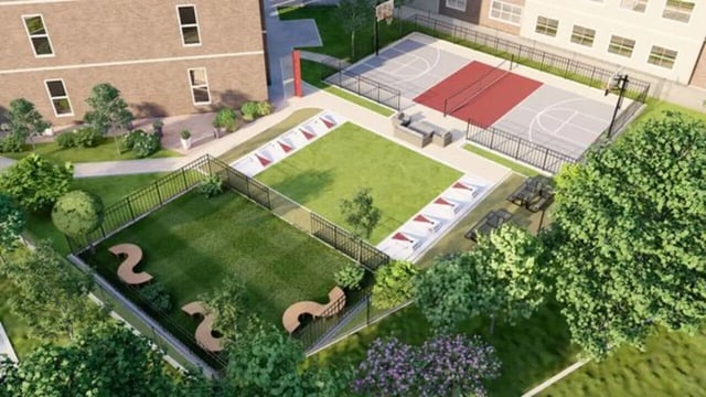 Basketball court and grass area outdoor amenity at Watercress Tuscaloosa in Tuscaloosa Student Accommodation