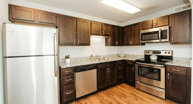 Stainless steel appliances dark cabinets granite countertops kitchen at MadisonVue Apartments in Springfield Student Accommodation