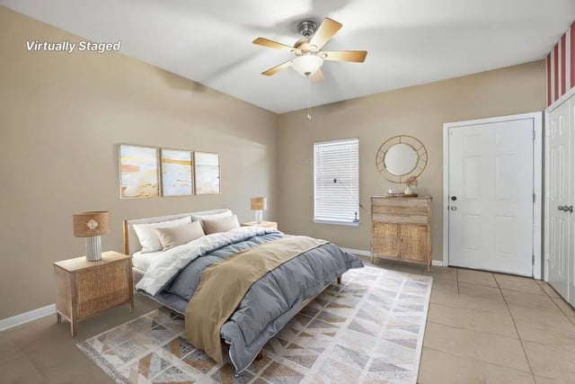 Virtually Staged bedroom with bed nightstand dresser bedroom at Stadium Properties Apartments in Tallahassee Student Accommodation
