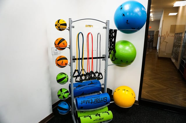 Fitness equipment includes balls rollers and bands gym area at Highland Quarters in Terre Haute Student Accommodation