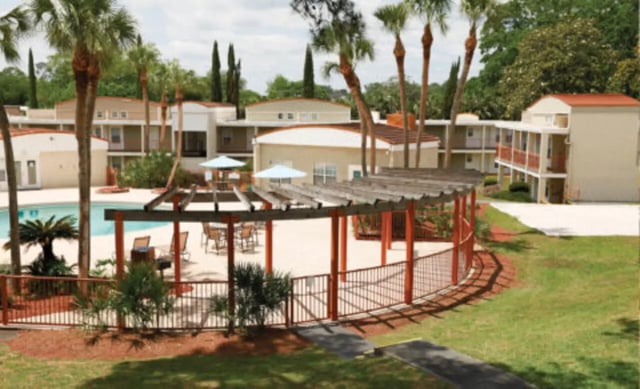 Apartment buildings with pool and patio exterior at Student Housing Solutions in Tallahassee Student Accommodation