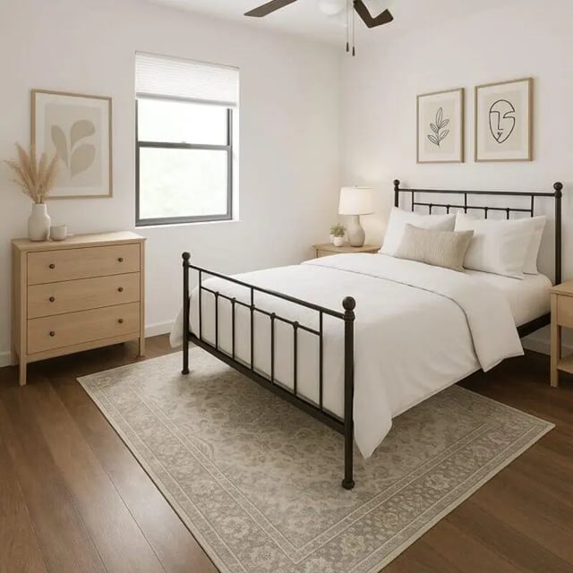 Bed dresser artwork rug bedroom at Villa Bella Vista in Tallahassee Student Accommodation