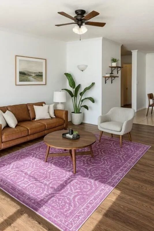 Brown sofa coffee table purple rug living room at Villa Bella Vista in Tallahassee Student Accommodation