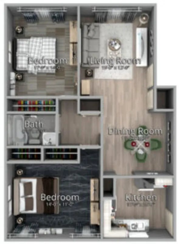 Two bedrooms bath living dining kitchen floor plan at Villa Capri Apartments in Tallahassee Student Accommodation