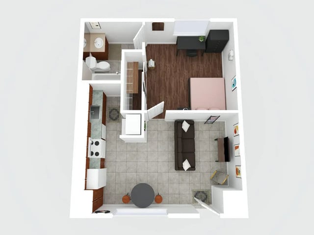 Bedroom living area kitchen bathroom layout at Villa Cristina in Tallahassee Student Accommodation