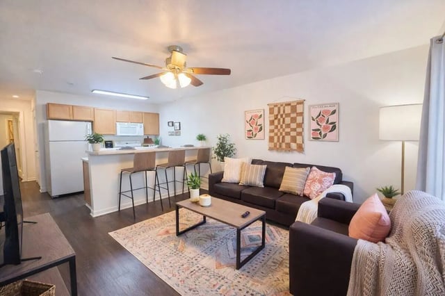 Sofa kitchen counter and rug living room at Villa Cristina in Tallahassee Student Accommodation