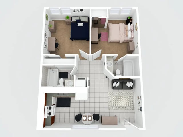 Two bedrooms bathrooms kitchen living area Floor Plan at Villa Cristina in Tallahassee Student Accommodation