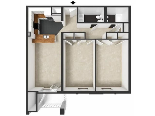 Two bedrooms kitchen and bathroom floor plan at Palmerton Apartment Complex in State College Student Accommodation