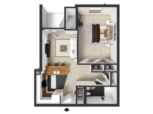 Bed living area kitchen bathroom floor plan at Palmerton Apartment Complex in State College Student Accommodation