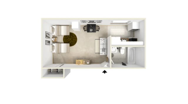 Two beds dining table kitchen bathroom layout at Sutton Court in State College Student Accommodation