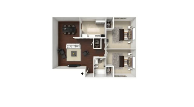 Living room dining kitchen bathroom two bedrooms floor plan at Sutton Court in State College Student Accommodation