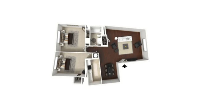 Two bedrooms bathrooms kitchen living dining area floor plan at Sutton Court in State College Student Accommodation