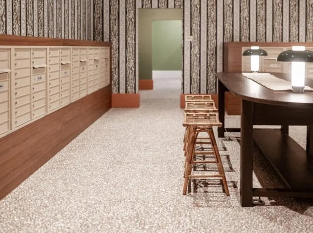 Mailboxes, stools, and lamps in common area. at Rambler Atlanta Apartments in Atlanta Student Accommodation