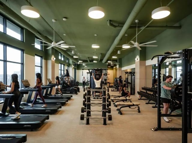 Treadmills weight machines barbells and benches gym at Rambler Atlanta Apartments in Atlanta Student Accommodation