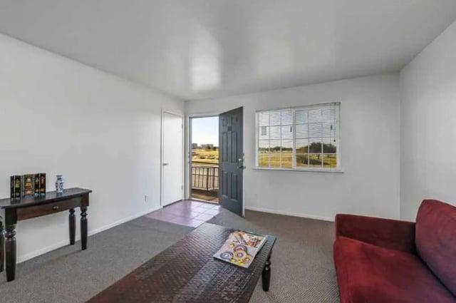Red sofa dark table open door window living room at University Terrace Apartments in State College Student Accommodation
