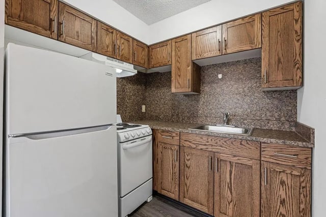 White refrigerator stove wooden cabinets sink kitchen at Marcy Park Student Housing Co-op in Minneapolis Student Accommodation