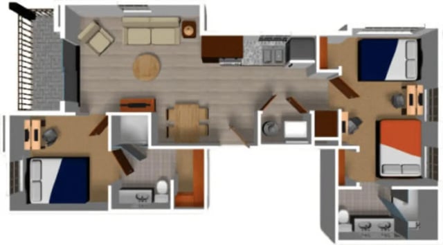 Floorplan showing multiple bedrooms and living area. at Plaza One 89 in Clemson Student Accommodation