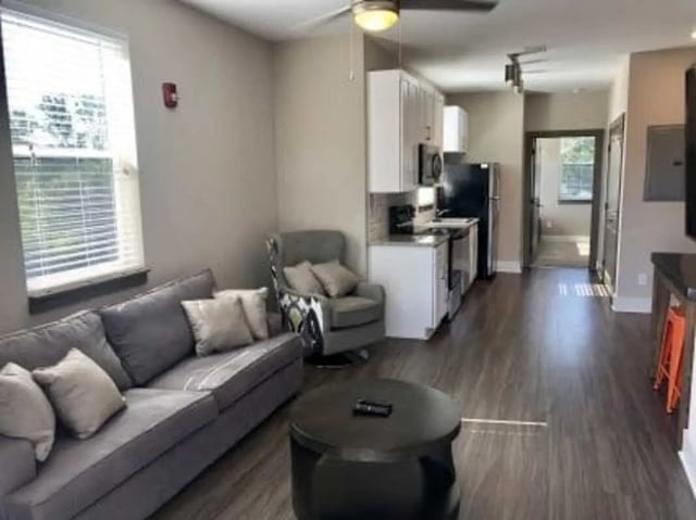 Living room with sofa armchair kitchen and living area at Plaza One 89 in Clemson Student Accommodation
