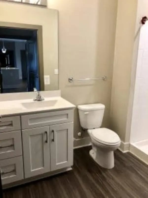 White vanity toilet and shower stall bathroom at Plaza One 89 in Clemson Student Accommodation