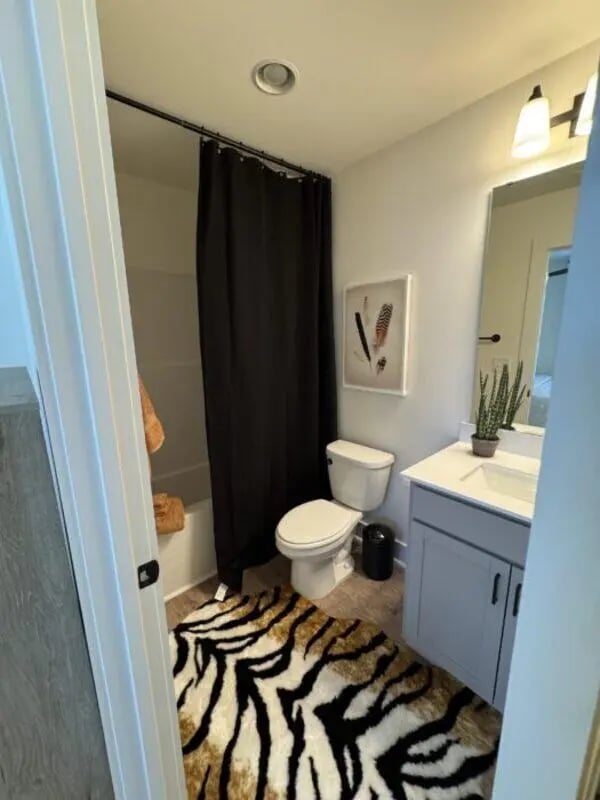 Toilet sink vanity shower curtain tiger rug bathroom at Maverick Hills in Central Student Accommodation