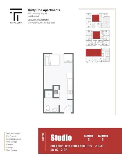 Studio layout with bed bath and kitchen Studio apartment floor plan at Thirty One Apartments in Seattle Student Accommodation