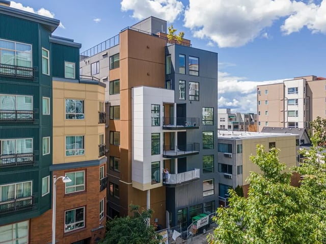 Modern apartment buildings with balconies exterior at Montclair Apartments in Seattle Student Accommodation