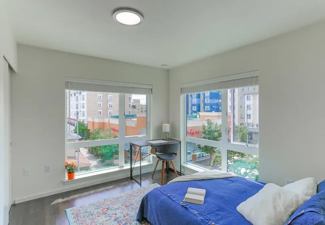 Bed desk chair and windows bedroom at Montclair Apartments in Seattle Student Accommodation