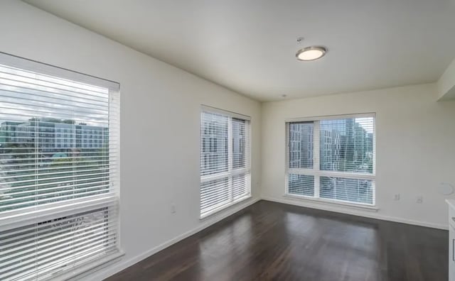 Large windows with blinds dark hardwood floors living room at Montclair Apartments in Seattle Student Accommodation