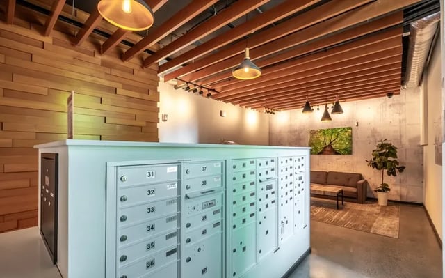 Mailboxes and lounge area interior at Montclair Apartments in Seattle Student Accommodation