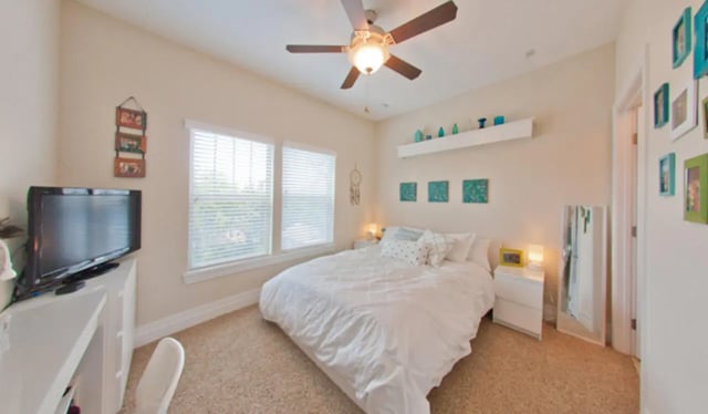 Bed tv desk and ceiling fan bedroom at Greystone Luxury Apartments in Gainesville Student Accommodation