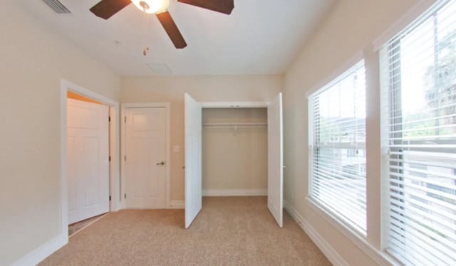 Closet with doors open and carpeted floor bedroom at Greystone Luxury Apartments in Gainesville Student Accommodation