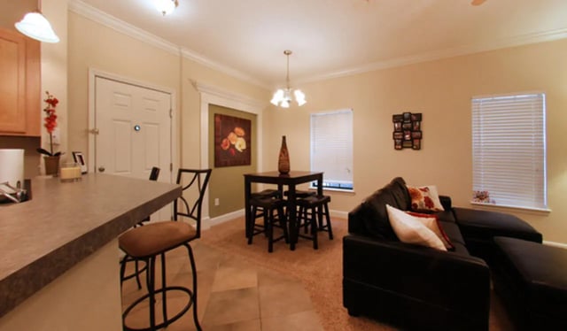 Bar counter dining table and sofa living room at Stratford Court Luxury Apartments in Gainesville Student Accommodation