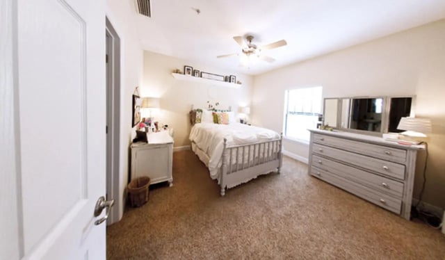 Bed dresser mirror and window bedroom at Stratford Court Luxury Apartments in Gainesville Student Accommodation