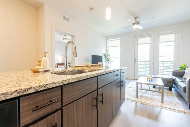 Granite island sink soap dispenser with brush living area. at The Eden Apartments in Cincinnati Student Accommodation