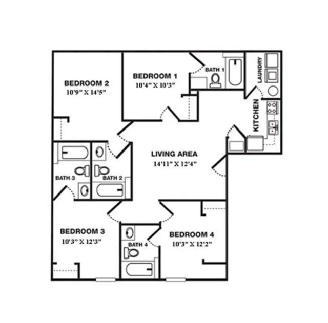 Four bedrooms two baths living kitchen floor plan. at Campus East Apartments in Greensboro Student Accommodation