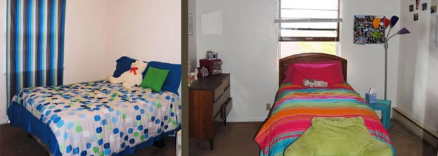 Beds, dresser, teddy bear, lamp, bedroom at Cardinal Apartments in DeKalb Student Accommodation