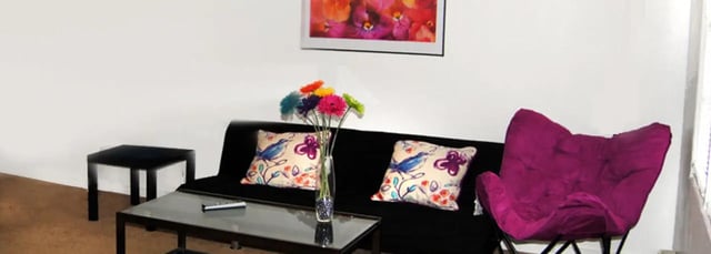Black sofa with patterned pillows, flower vase, and chair Living room at Cardinal Apartments in DeKalb Student Accommodation