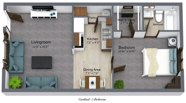 Living room kitchen bedroom bathroom floor plan at Cardinal Apartments in DeKalb Student Accommodation