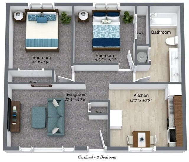 Two bedrooms living room kitchen bathroom floor plan at Cardinal Apartments in DeKalb Student Accommodation