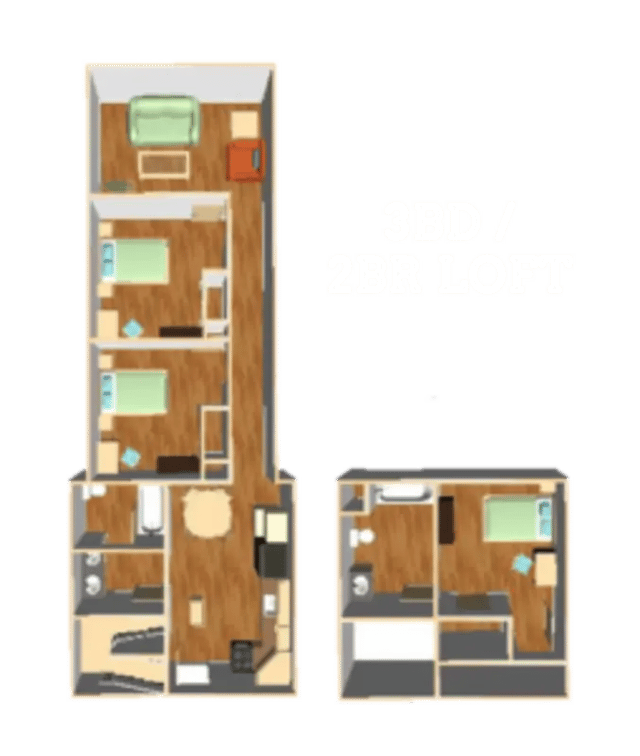 Three bedrooms living room kitchen bathroom floor plan at Copper Beech Commons Student Housing in Syracuse Student Accommodation